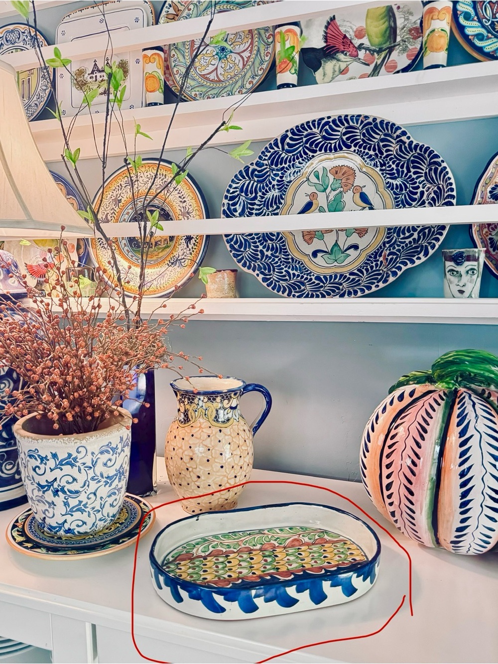 Talavera -Handcrafted Oval Ceramic Platter in Blue, Green and Yellow